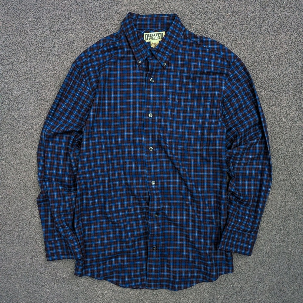 Duluth Trading Co Mens Plaid Button Down Shirt Blue Black Cotton Wool Blend M